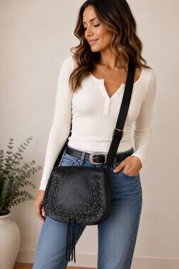 Violetta Black Leather Western Lace Up Crossbody Saddle Bag